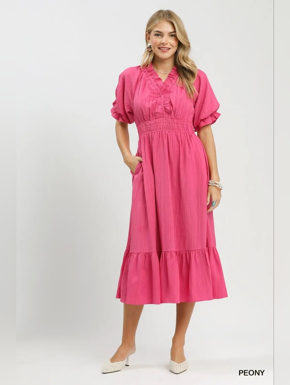 Women's Umgee V-Neck Pink Ruffled Midi Dress - Picture 1 of 7